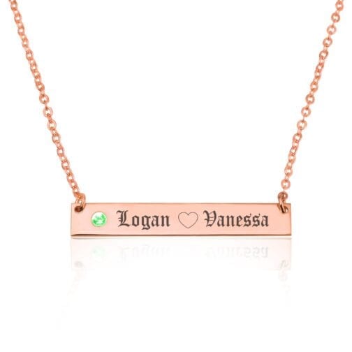 Bar Necklace With Engraved Heart, Names And Birthstone - Beleco Jewelry