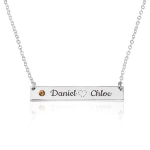 Bar Necklace With Engraved Heart, Names And Birthstone - Beleco Jewelry