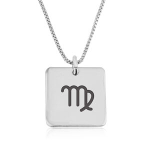 שרשרת תליון מרובע עם חריטת סמל מזל בתולה